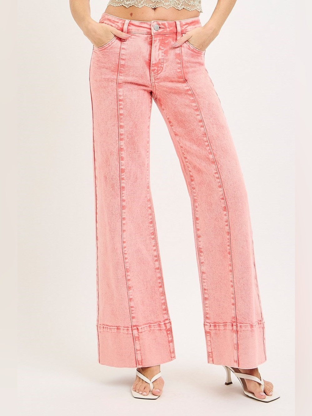 Mineral Washed Mid Rise Wide Leg Jeans with Front Seams - Risen